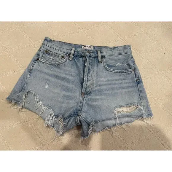 AGOLDE Shorts Womens 27 Parker Vintage Cut Off Blue Denim Distressed Button Fly - Picture 2 of 5